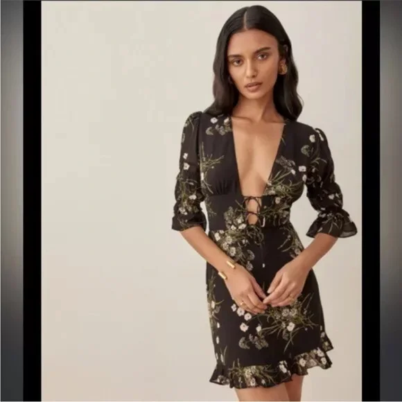 NWOT Reformation Lauralei Black Ruffled Puff Sleeve Veuve Floral Mini Dress 4 XS - Picture 11 of 13